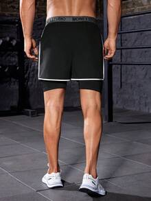 Manfinity Sport Corelite 1入對比綁帶字母膠帶腰部運動短褲，休閒運動短褲 - 黑色 - 查看 4