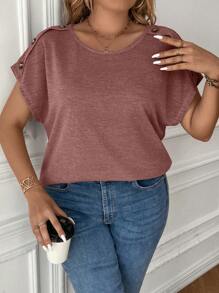 SHEIN Clasi Plus Button Detail Batwing Sleeve Tee - Red - View 3