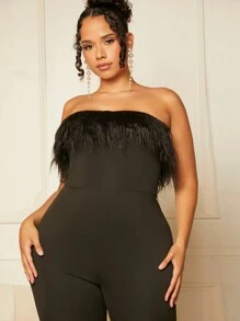 SHEIN SXY Plus Fuzzy Trim Tube Flare Leg Jumpsuit - Black - View 5