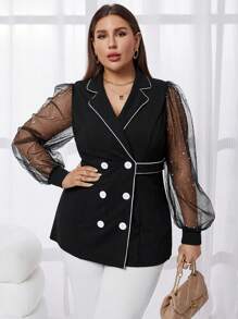 SHEIN Privé Plus Contrast Mesh Lantern Sleeve Double Breasted Contrast Binding Blazer - Black - View 3