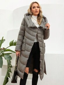 GASMAN Zip Up Snap Button Belted Hooded Belted Padded Coat - Grey - View 4