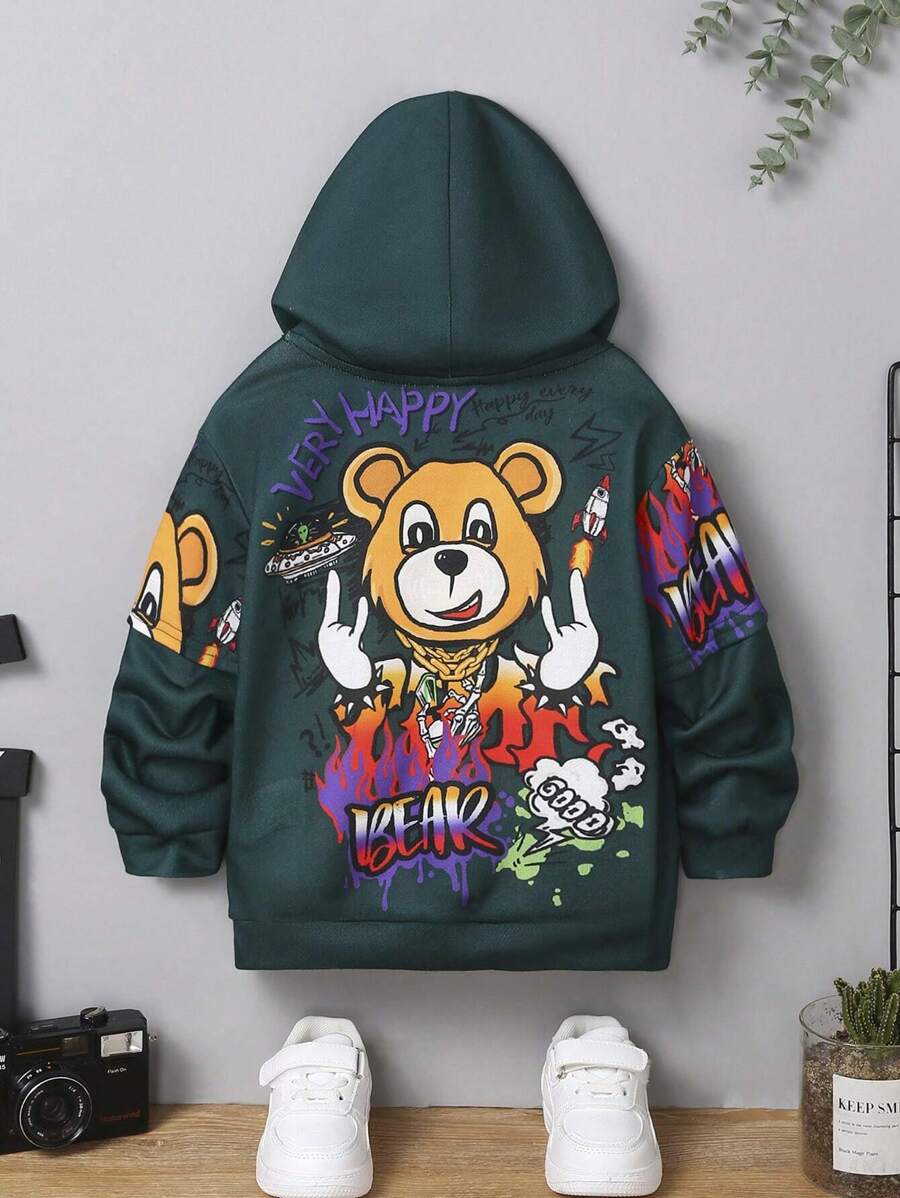 SHEIN Leap Crew Young Boys Casual Funny Animal & English Graphic Hooded Patchwork Sweatshirt - Green - View 1