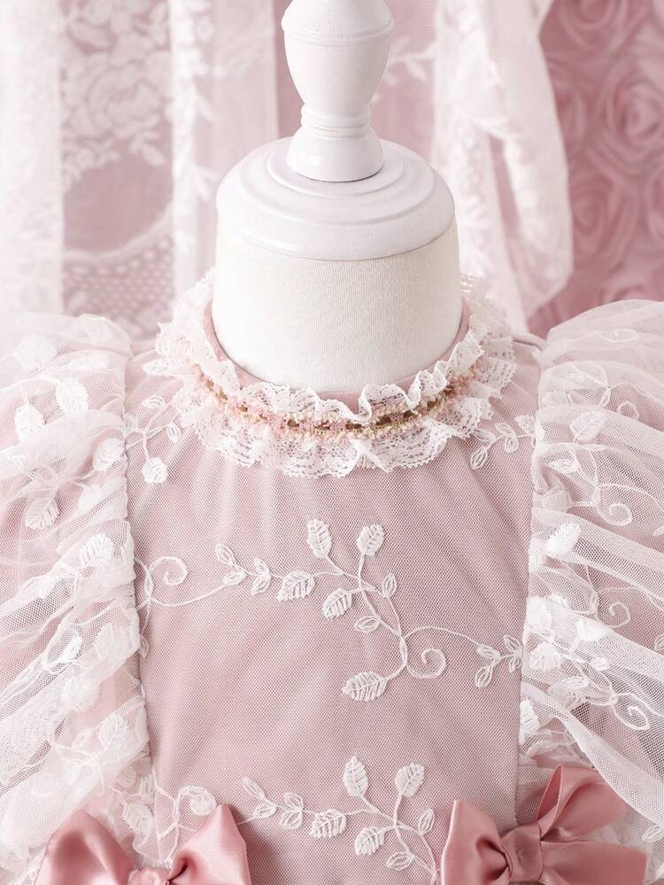 Baby Girl Bow Front Ruffle Trim Contrast Lace Dress