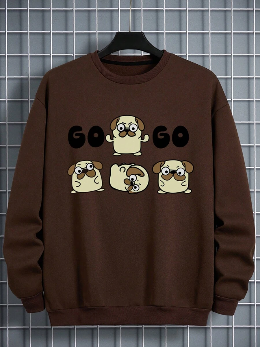 男士字母卡通圖案圓領運動衫 - 咖啡棕 - 查看 1