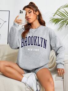 SHEIN EZwear Letter Graphic Drop Shoulder Sweatshirt & Shorts - Grey - View 4
