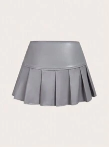 SHEIN ICON 愛心鏤空百褶下擺素色半身裙 - 灰色 - 查看 2