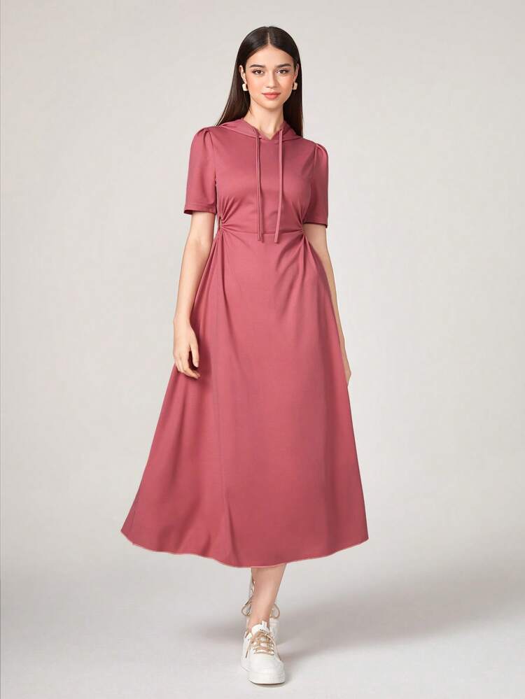 Solid Drawstring Hooded A-line Dress