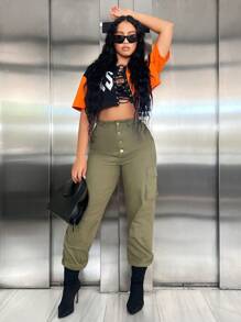 SHEIN SXY Đồ họa Chữ cái Khối màu Thả vai Áo phông Crop - trái cam - Xem 5