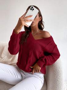 SHEIN LUNE Solid Cable Knit V Neck Knit Pullover Fall Winter Sweater - Burgundy - View 6