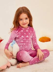 年輕女孩粉白色心形圖案2件緊身睡衣套裝,可分開購買作為媽媽和我搭配服飾 - 玫紅色 - 查看 6