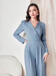 Modelyn Puff Sleeve Wide Leg Jumpsuit Without Belt - Blue - View 3