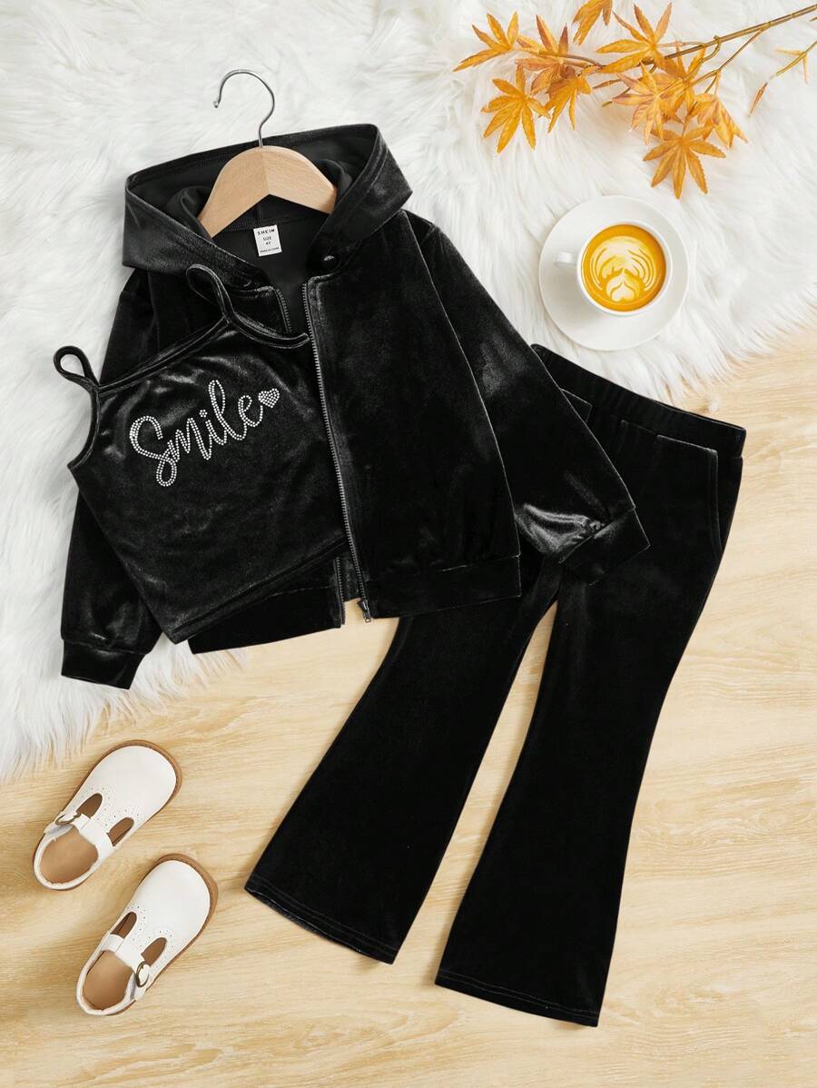 SHEIN 女小童水鑽字母圖案吊帶上衣&拉鍊開襟連帽夾克&喇叭褲 - 黑色 - 查看 1