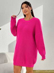 SHEIN EZwear Hơn Thả vai Đầm Áo len Không có thắt lưng - Màu Hồng Tươi - Xem 4