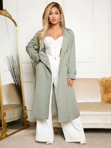 SHEIN SXY Lapel Neck Double Breasted Trench Coat - Green - View 1