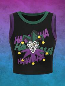 Harley Quinn | ROMWE 字母圖案撞色滾邊背心上衣 - 黑色 - 查看 3