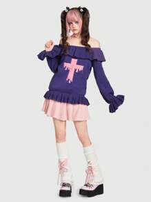 ROMWE Kawaii Cross Pattern Off Shoulder Ruffle Trim Sweater - Purple - View 3