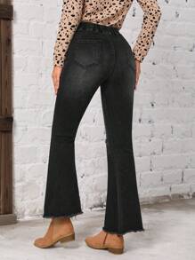SHEIN LUNE High Waist Ripped Raw Hem Flare Leg Jeans - Black - View 2