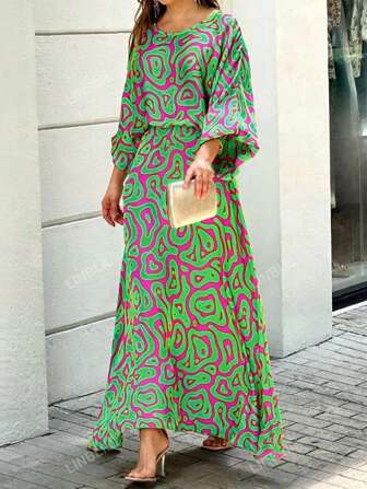 Allover Print Lantern Sleeve Dress