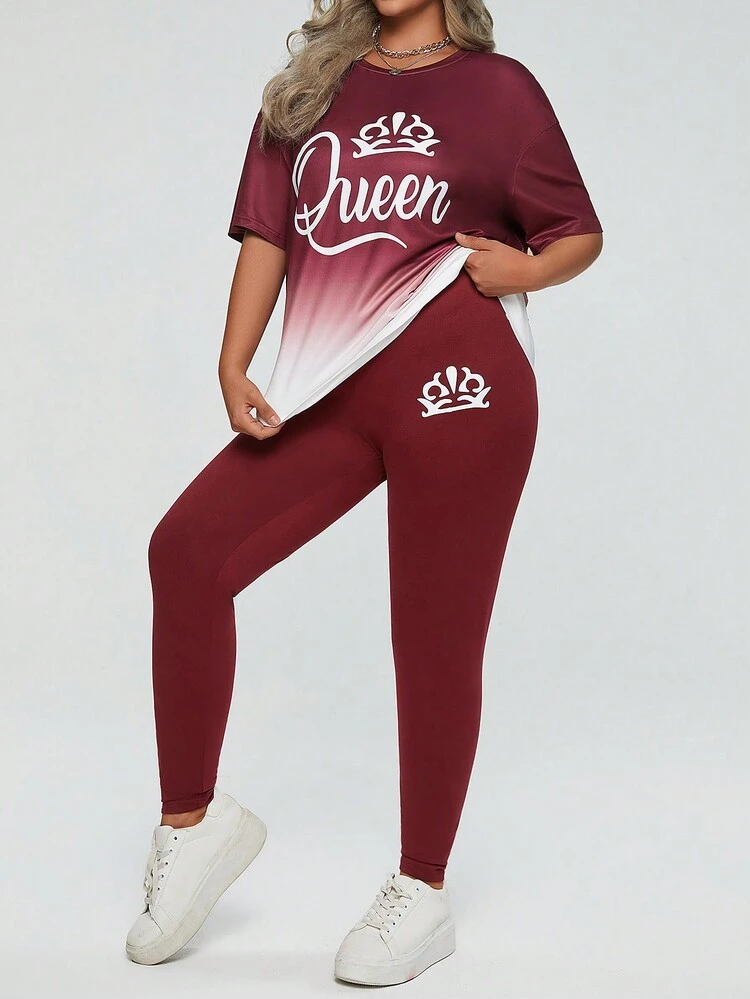 Plus Letter Graphic Ombre Drop Shoulder Tee & Leggings