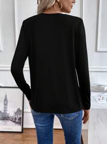 SHEIN Clasi Color Block Button Detail Tee - Black - View 2