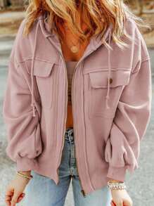 CILKOO Cappotto con cappuccio tasca con patta spalle cadenti con coulisse - Rosa - Visualizzare 4