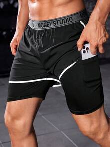 Manfinity Sport Corelite 1入對比綁帶字母膠帶腰部運動短褲，休閒運動短褲 - 黑色 - 查看 6