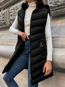 EURMUSE Zip Up Hooded Puffer Vest Coat - Black - View 2