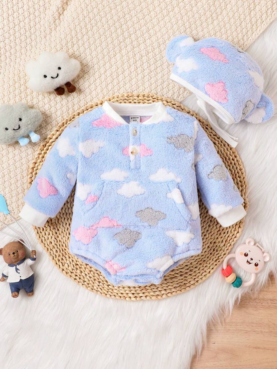 SHEIN 女嬰雲朵刺繡袋鼠口袋性感緊身連體衣和帽 - 藍色 - 查看 1