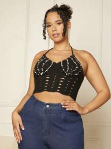 SHEIN SXY Plus Pearls Beaded Tie Backless Halter Knit Top - Black - View 4