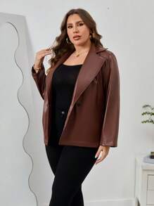 SHEIN Clasi Plus Double Button PU Leather Coat - Chocolate Brown - View 1