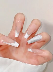 24入組長形棺材白色法式閃粉假指甲，附1入組指甲銼和1張指甲膠帶，可壓式假指甲美甲用品 - 彩色 - 查看 2