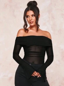 SHEIN BAE 一字肩褶邊網紗上衣 - 黑色 - 查看 1