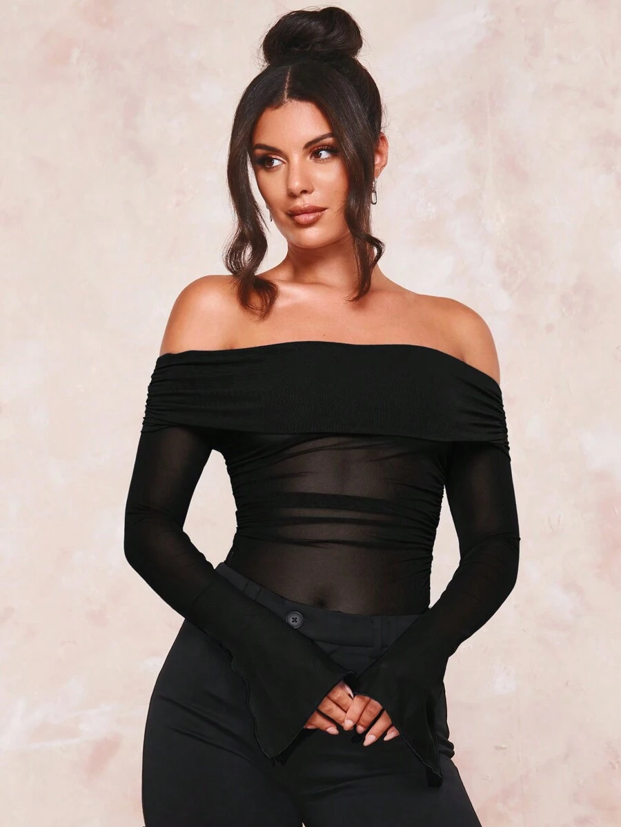 SHEIN BAE 一字肩褶邊網紗上衣 - 黑色 - 查看 1