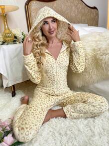Allover Print Zip Up Hooded Flannel Sleep Jumpsuit - Beige - View 5