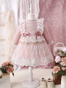 Baby Girl Bow Front Ruffle Trim Contrast Lace Dress - Multicolor - View 1