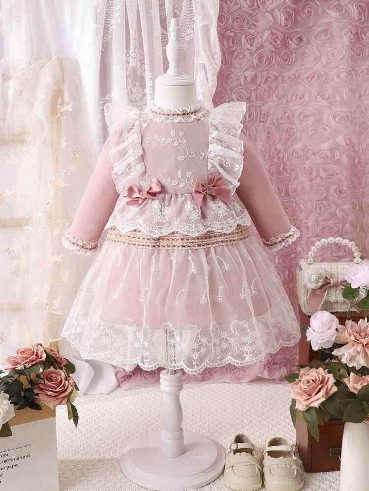 Baby Girl Bow Front Ruffle Trim Contrast Lace Dress