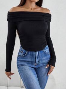 SHEIN PETITE 露肩折疊露肩側拉春季女士t卹 - 黑色 - 查看 5