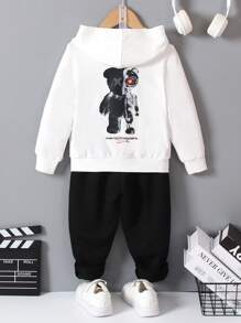 SHEIN Hooded Mechanic Bear Print Pullover Sweatshirt For Young Boys, Spring/Autumn - White - View 1