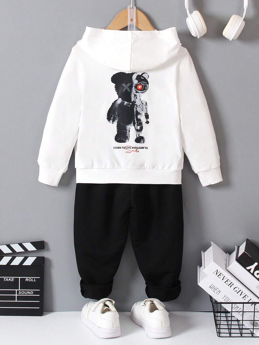 SHEIN Hooded Mechanic Bear Print Pullover Sweatshirt For Young Boys, Spring/Autumn - White - View 1
