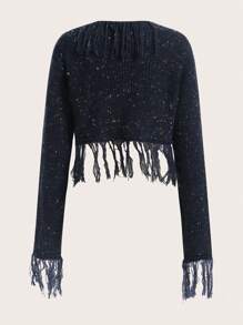 ROMWE PUNK Fringe Trim Buckle Front Crop Cardigan - Navy Blue - View 2