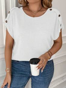 SHEIN Clasi Áo thun tay cánh dơi có chi tiết nút cộng - trắng - Xem 1