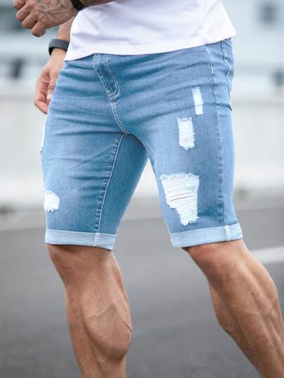 Manfinity Homme Men Ripped Frayed Bleach Wash Denim Shorts Jorts