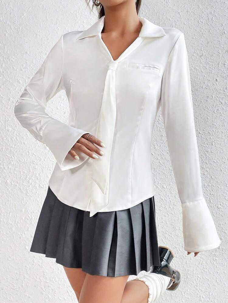 Solid Button Front Flounce Sleeve Blouse