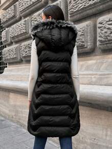 EURMUSE Slant Pockets Fuzzy Trim Hooded Puffer Vest Coat - Black - View 2