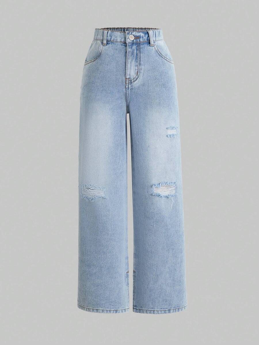 Tween Girls Fashion Ripped Boyfriend Jeans With Side Split Design - Medium Wash - View 1