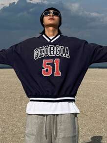 DAZY 男士字母图案条纹V领卫衣，秋季商务装 - 藏蓝色 - 查看 2