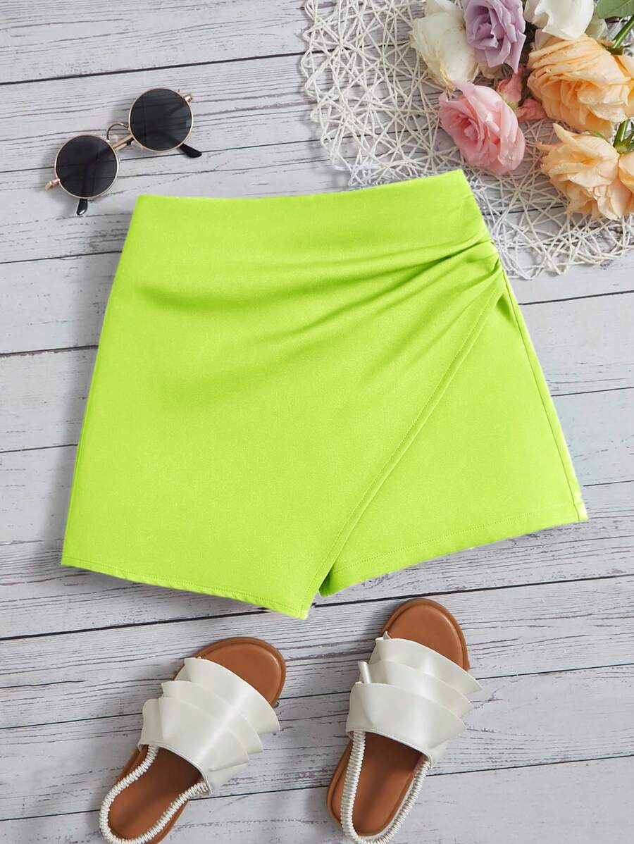 SHEIN Essnce 素色圍裹下擺裙裤 - 青檸色 - 查看 1