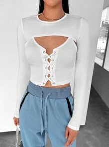 SHEINNeu Lace Up Front Cami Top With Super Crop Top - White - View 1