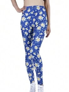 Daisy Floral Print Leggings - Blue - View 3