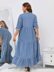 SHEIN LUNE Plus Notched Neckline Ruffle Hem Denim Dress - Light Wash - View 2